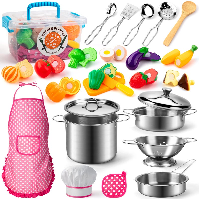 Tigerhu 26PCS Play Kitchen Accessories, Kitchen Pretend Play Cooking Toys w/ Stainless Steel Cookware, Apron & Chef Hat,Pots and Pans Set, Cutting Foods, Great Learning Gifts for Toddler & Boys Girls - Image 1
